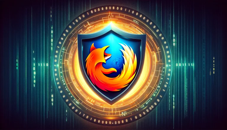 Dall·e 2024 02 06 18.41.23 Create A 1200x800 Pixel Digital Illustration Of A Shield Symbolizing Protection With Digital Binary Code In The Background And The Mozilla Firefox Lo.webp.webp