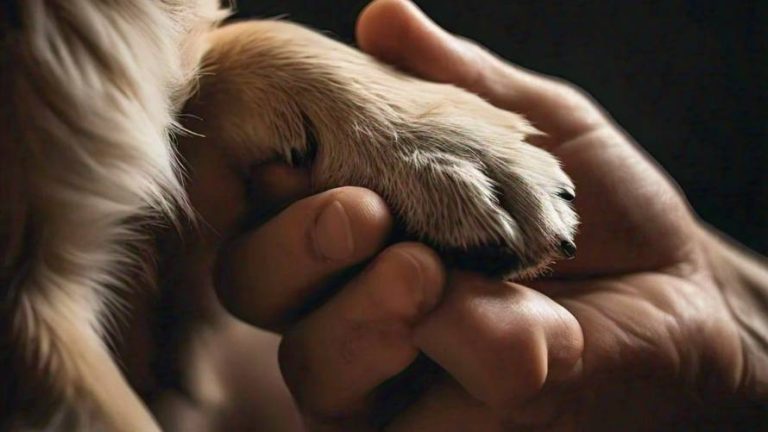 A Close Up Photograph Of A Persons Hand Holding A Dogs Paw With A Blurred Background.jpg